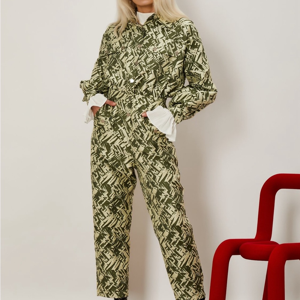 Ghospell Long Sleeve Jumpsuit Green Patterned Geometric large